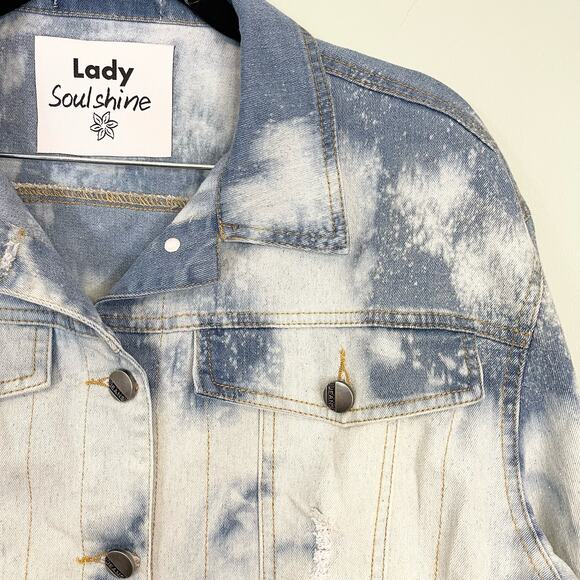 Lady Soulshine Bleach Splattered Good Vibes Only Rainbow Denim Jacket Small NWT - Picture 3 of 11
